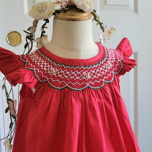Red Bishop Angel Sleeves Baby Girl Dress. Girls Smocked Bishop Birthday Dress - Picture 5 of 9